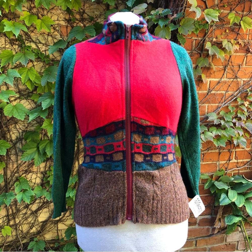 Retro Inspired Patchwork Sweater Red Green Medium Embody Zip Up